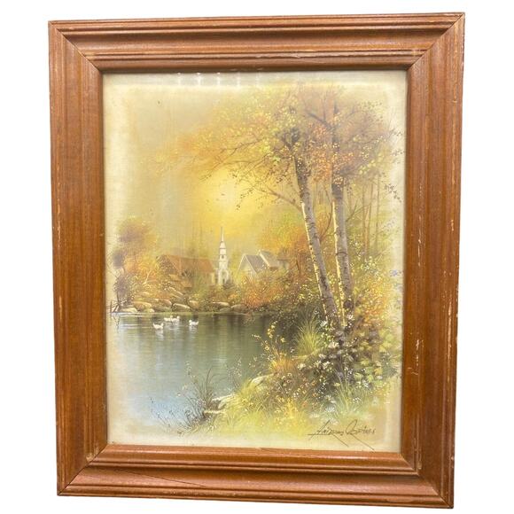 Vintage Andres Orpinas Wooden Framed & Matted Art Print Church Lake Duck signed - Picture 1 of 4